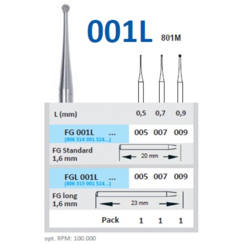 Freze diamantate, sferice cu gatul lung, forma 001L HORICO