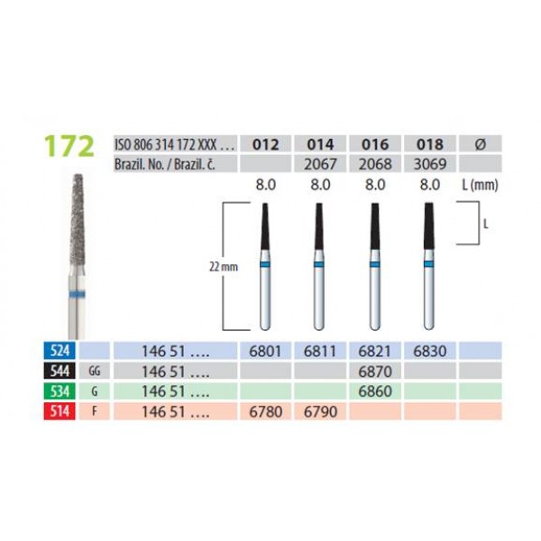 Freze diamantate, cilindro-conice, cap drept, 8 mm, forma 172